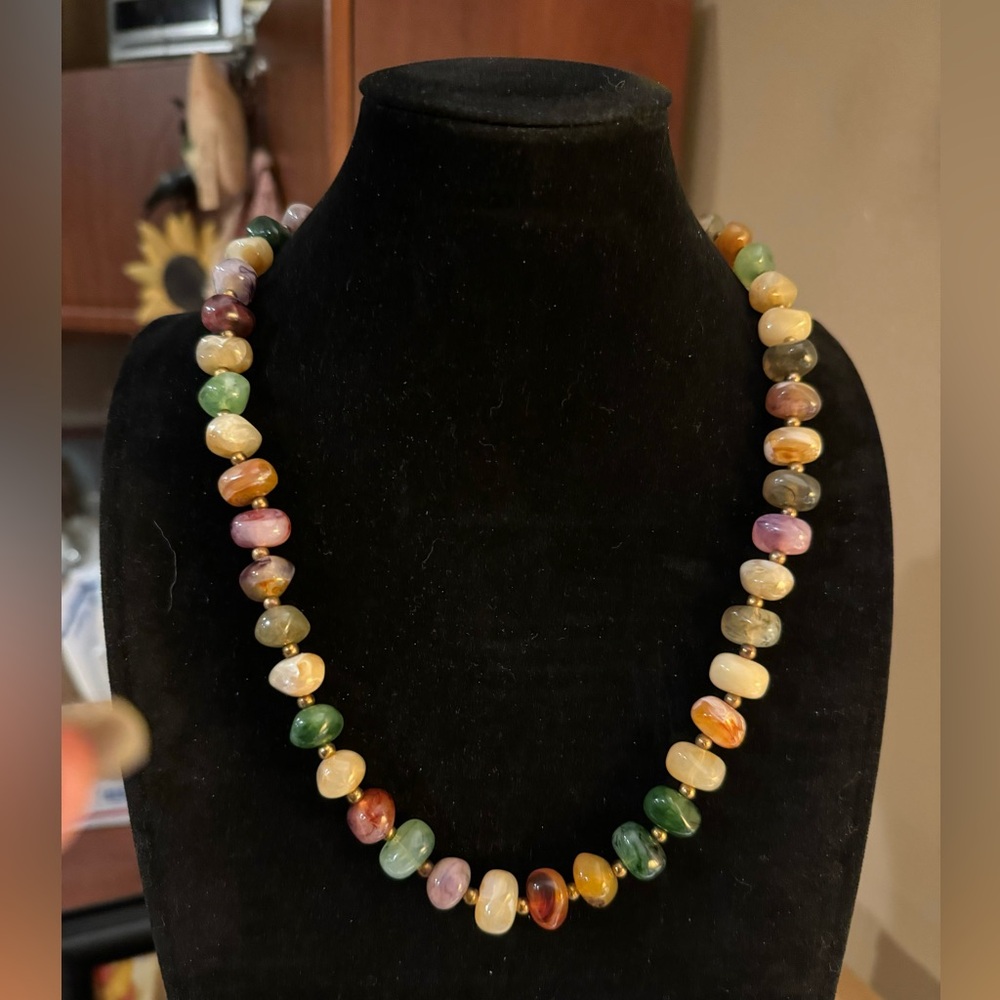 Vintage Multicolored Lucite Beaded Necklace Gold Tone 23-1/2” Long